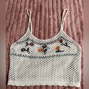Forever 21 White Crochet Tank with Floral Embroidery